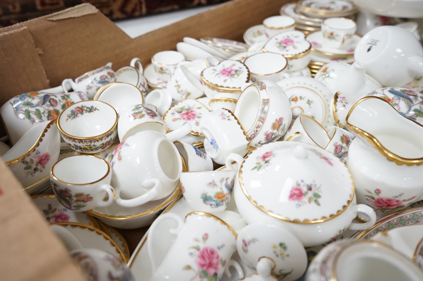 A large collection of Wedgwood and Coalport miniature tea wares, largest piece 24cm wide